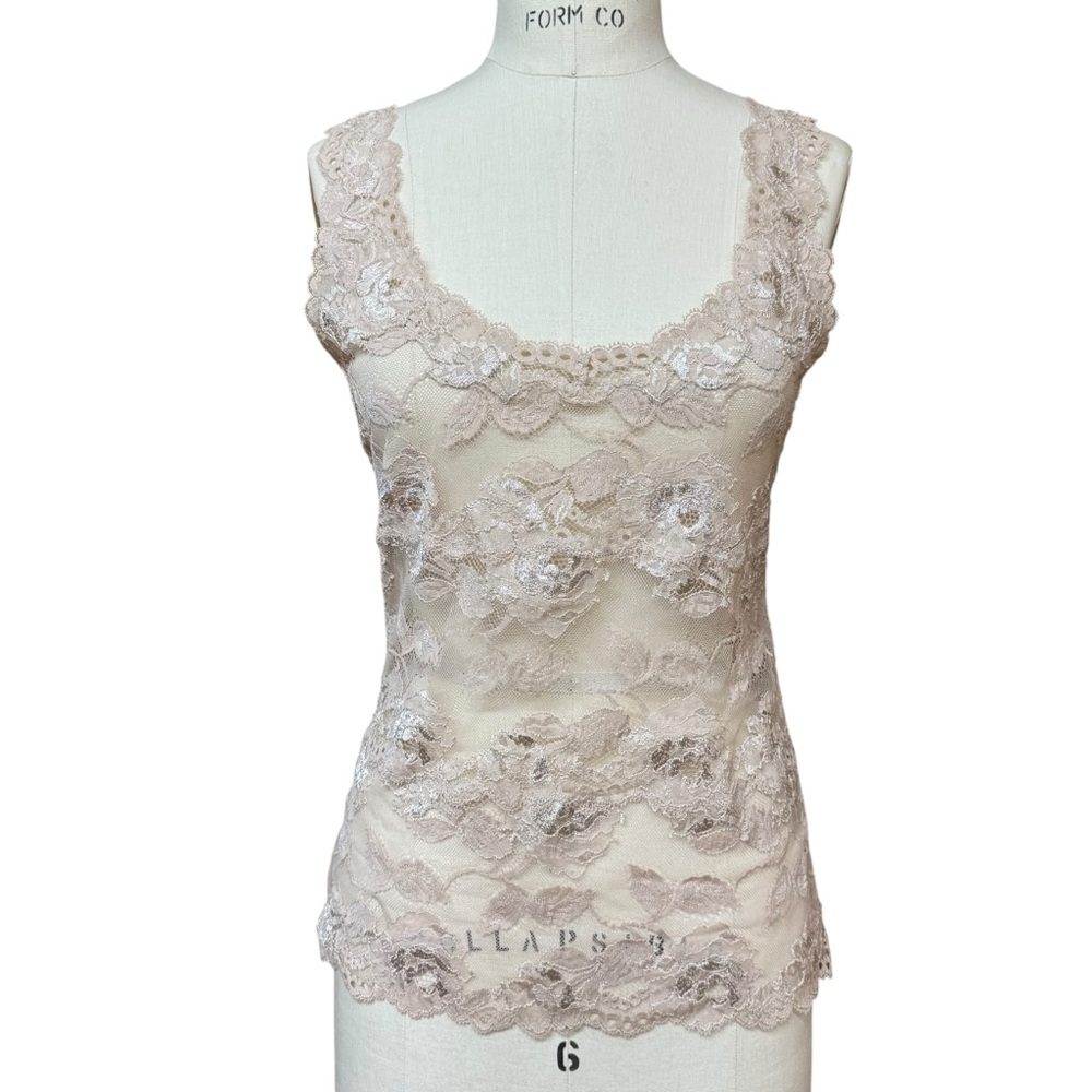Josie Natori Lace Tank Top Camisole Cami Size M Beige Floral Y2K Whimsical